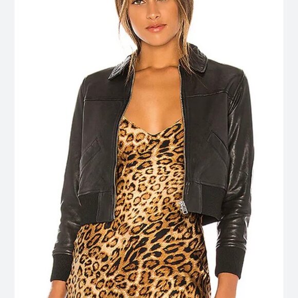 All Saints Cropped Pascao Leather Bomber Jacket Black Small us 8 - Picture 3 of 9